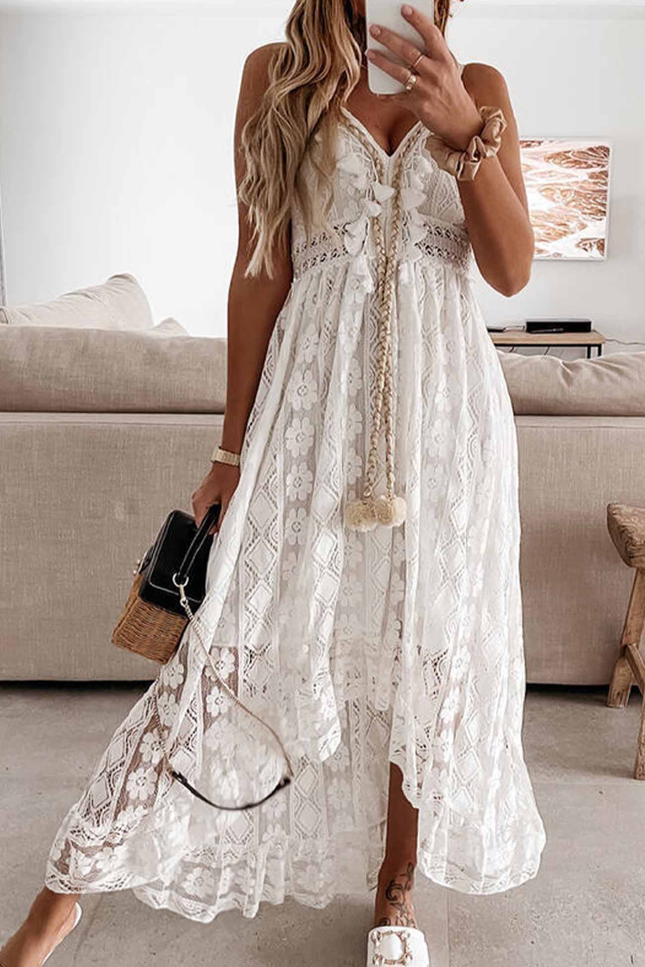 Color Lace V Neck Cutout Cami Dress