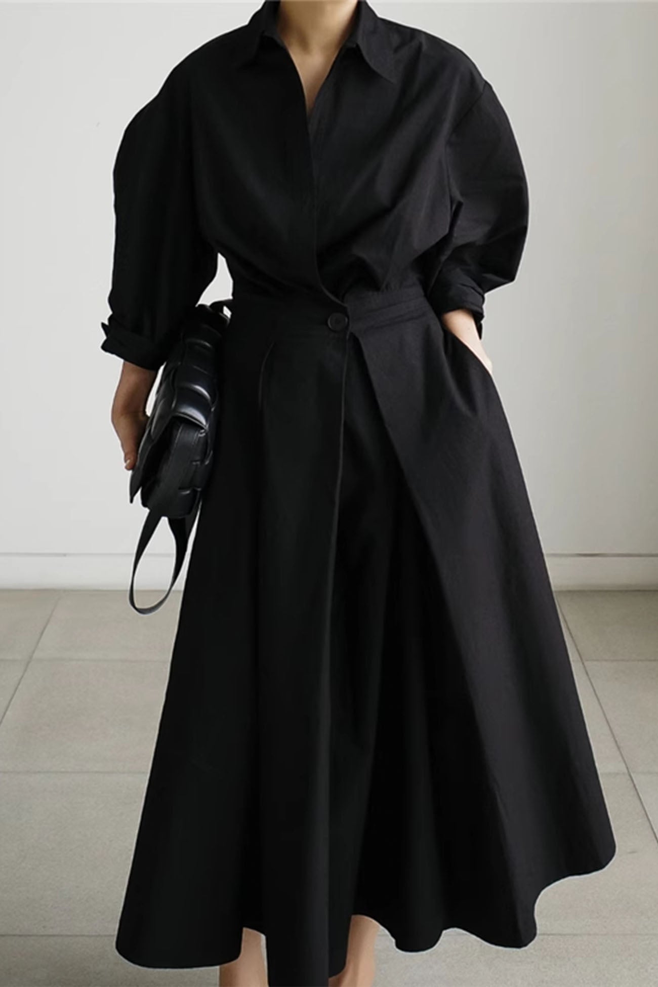 Cotton Long Sleeve A-line Shirt Midi Dress