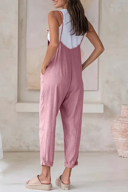 Color Pocket Strappy Jumpsuits