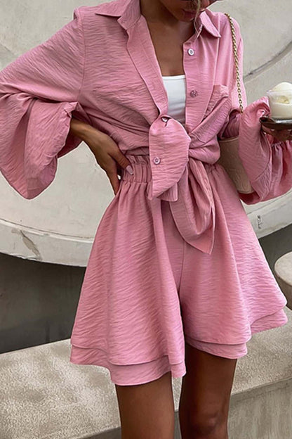 Color Puff Sleeve Shirt Shorts Set