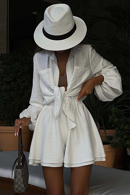 Color Puff Sleeve Shirt Shorts Set