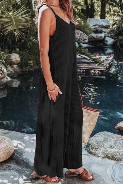 Color Ribbed Sleeveless Wide Leg Jumpsuit