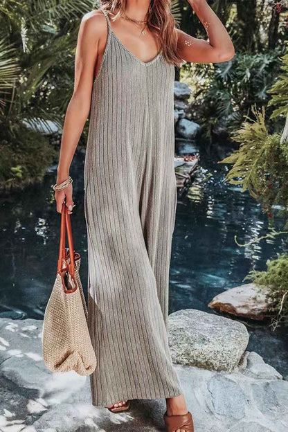 Color Ribbed Sleeveless Wide Leg Jumpsuit