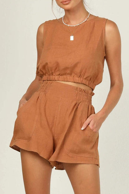 Color Sleeveless Crop Top Shorts Set