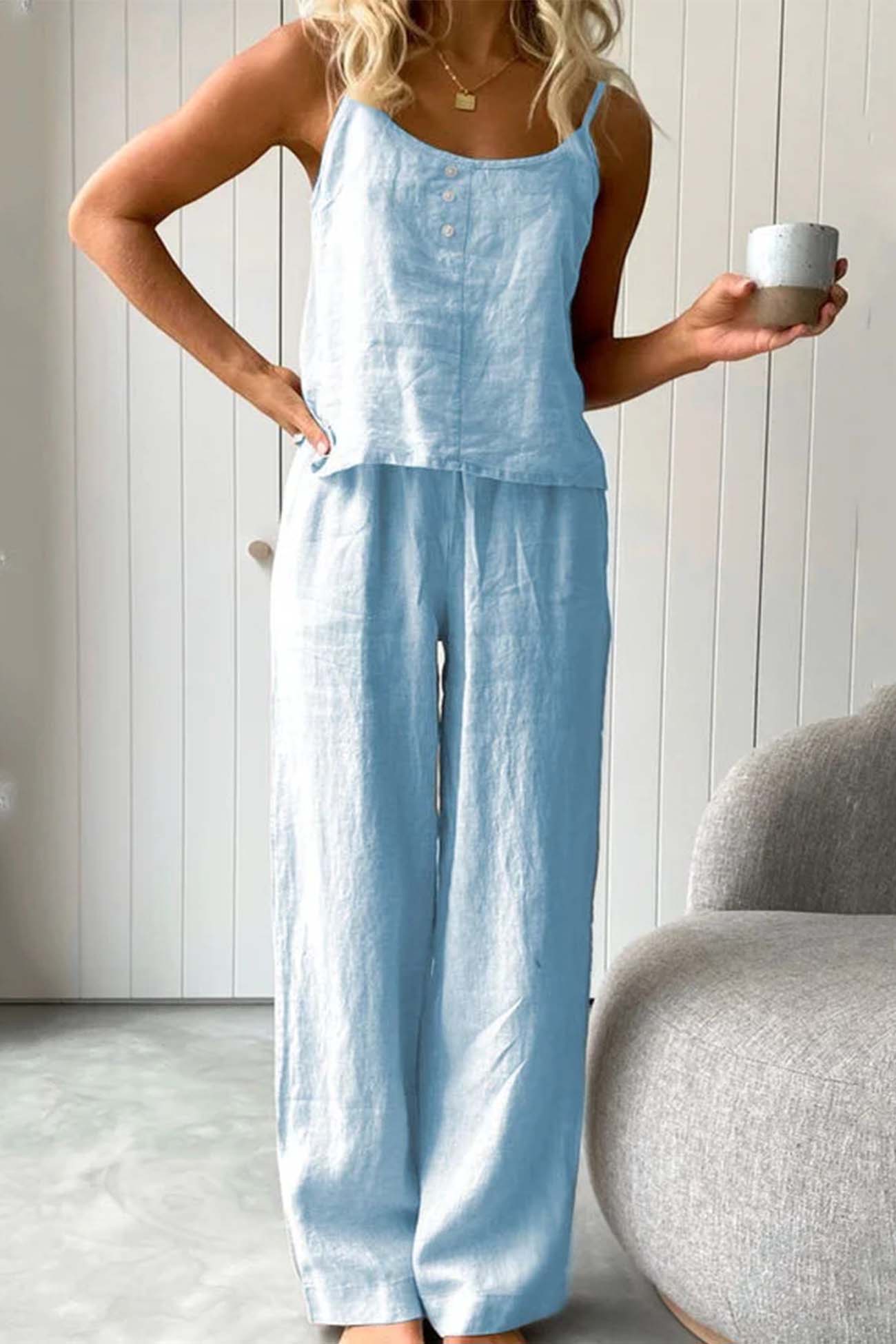 Color Cotton Spaghetti Straps Long Pants Set