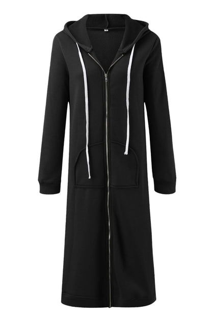 Zip Up Drawstring Hooded Long Cardigan