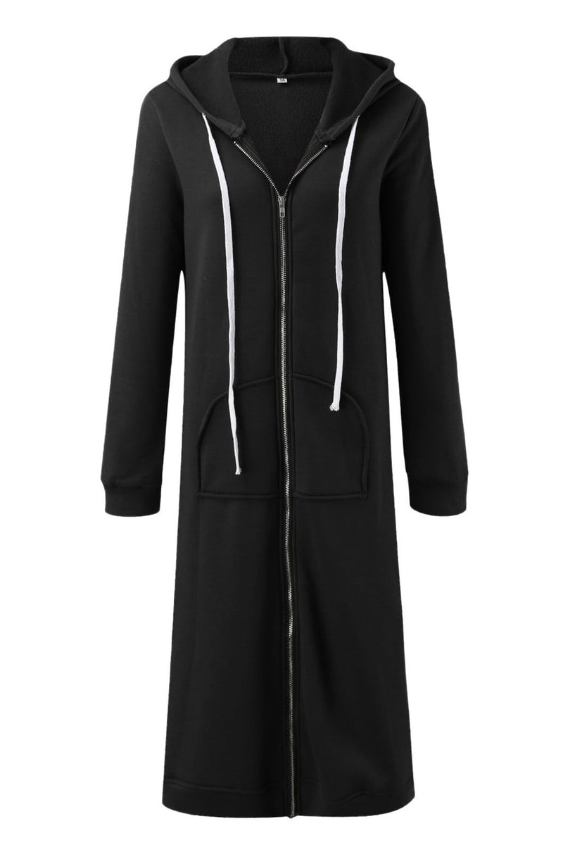 Zip Up Drawstring Hooded Long Cardigan