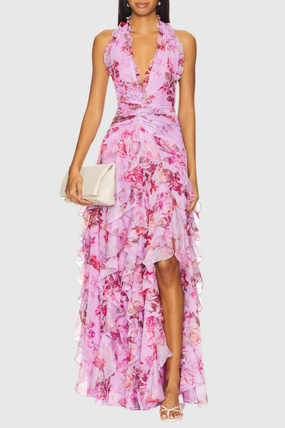 Souza Halter Ruffle Tulle Maxi Dress - Pink