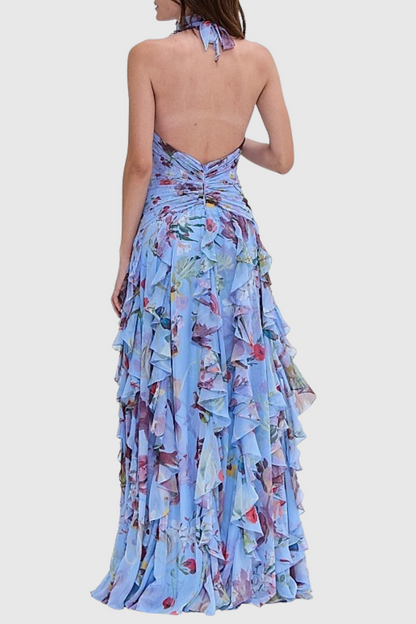 Souza Halter Ruffle Tulle Maxi Dress - Blue