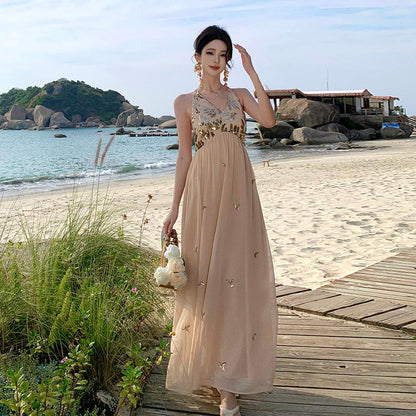 Sparkly French Halter Maxi Dress _ Backless Gown for Beach Vacay