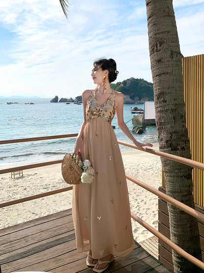 Sparkly French Halter Maxi Dress _ Backless Gown for Beach Vacay