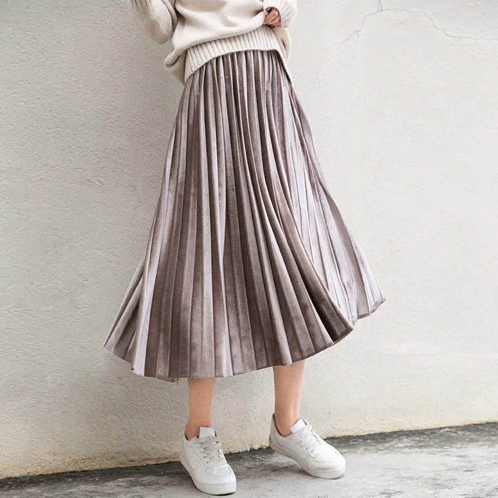 Metallic Silver Pleated High Waist Party Skirt Midi Dresses