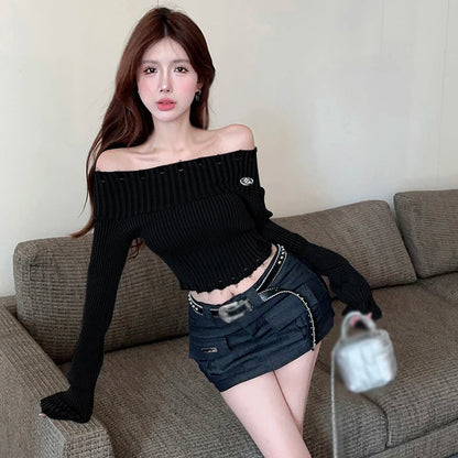 Spring Autumn Off Shoulder Hole Slim Knitted Sweater