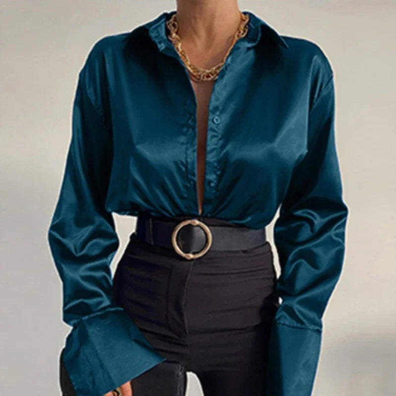 Satin Long Sleeve Blue Blouse