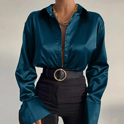 Satin Long Sleeve Blue Blouse