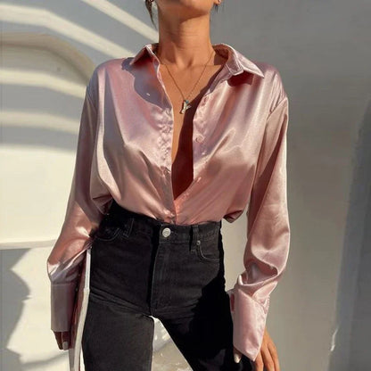 Satin Long Sleeve Blue Blouse