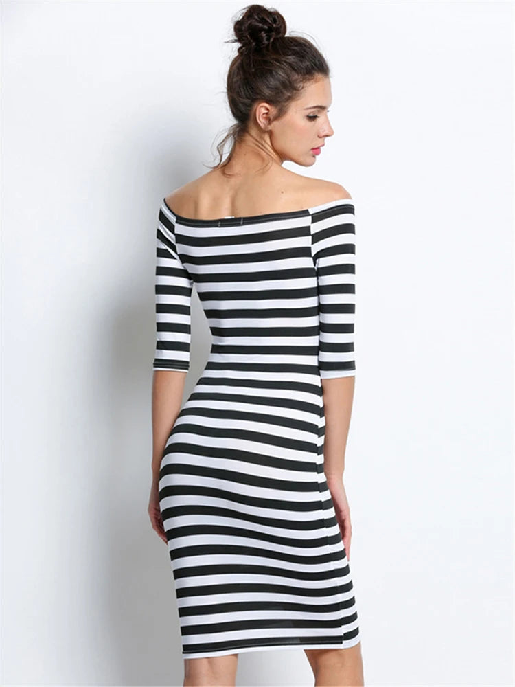 Spring Summer Woman Size Stripe Off Shoulder Long Midi Dresses