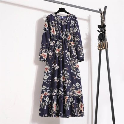 Spring Maxi Full Printed O-neck Woman Bohe Party Midi Dresses