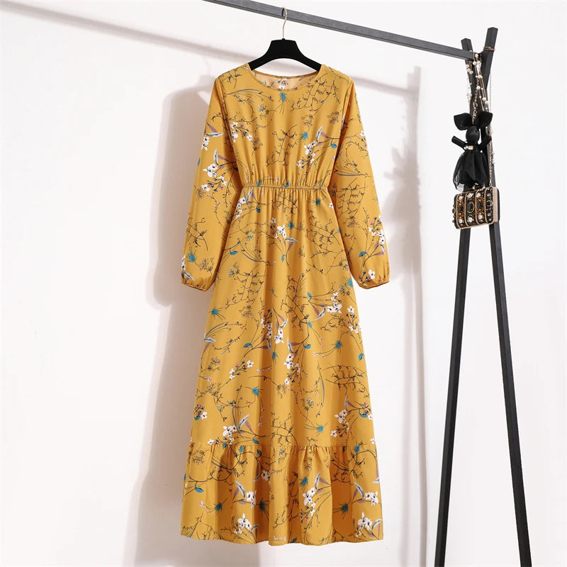 Spring Maxi Full Printed O-neck Woman Bohe Party Midi Dresses