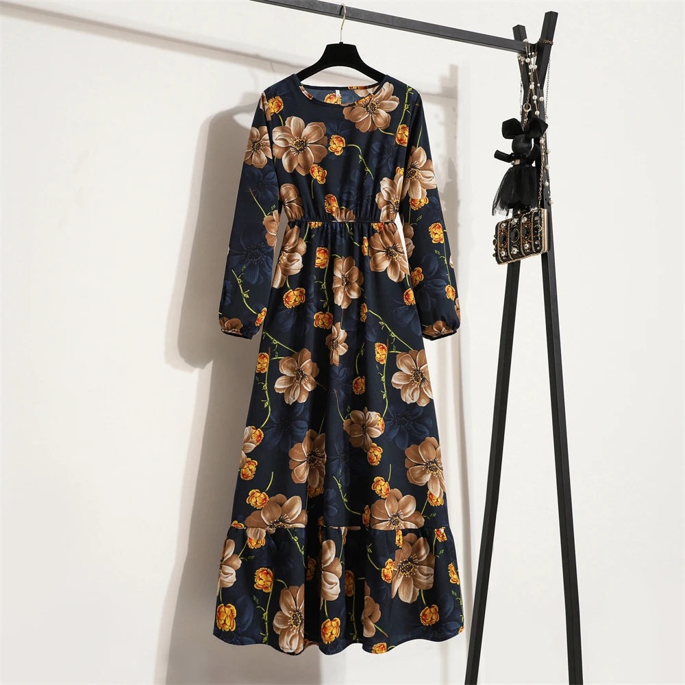 Spring Maxi Full Printed O-neck Woman Bohe Party Midi Dresses