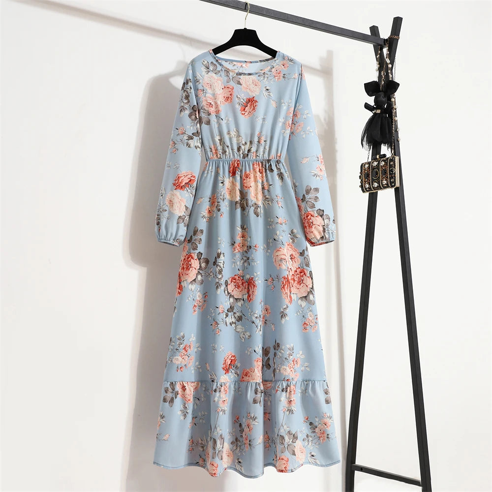 Spring Maxi Full Printed O-neck Woman Bohe Party Midi Dresses