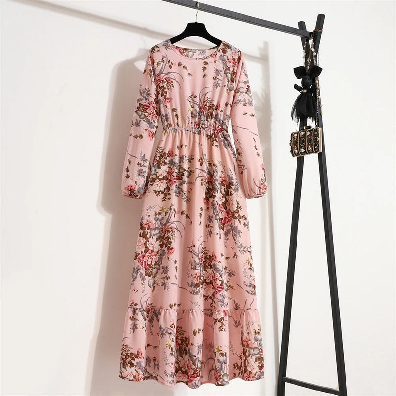 Spring Maxi Full Printed O-neck Woman Bohe Party Midi Dresses
