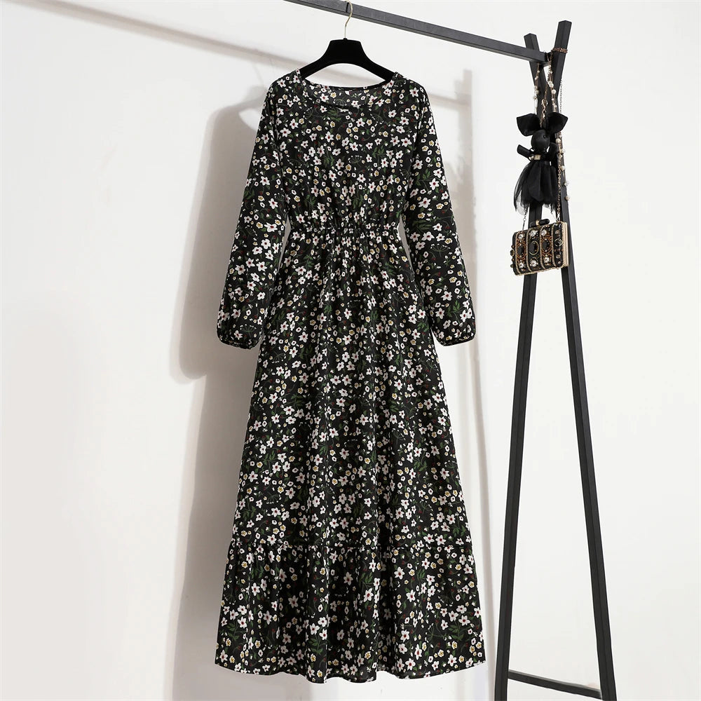 Spring Maxi Full Printed O-neck Woman Bohe Party Midi Dresses