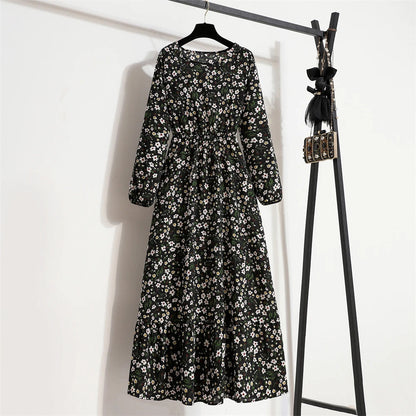 Spring Maxi Full Printed O-neck Woman Bohe Party Midi Dresses