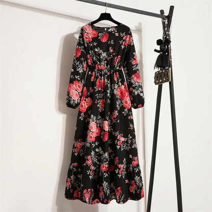 Spring Maxi Full Printed O-neck Woman Bohe Party Midi Dresses