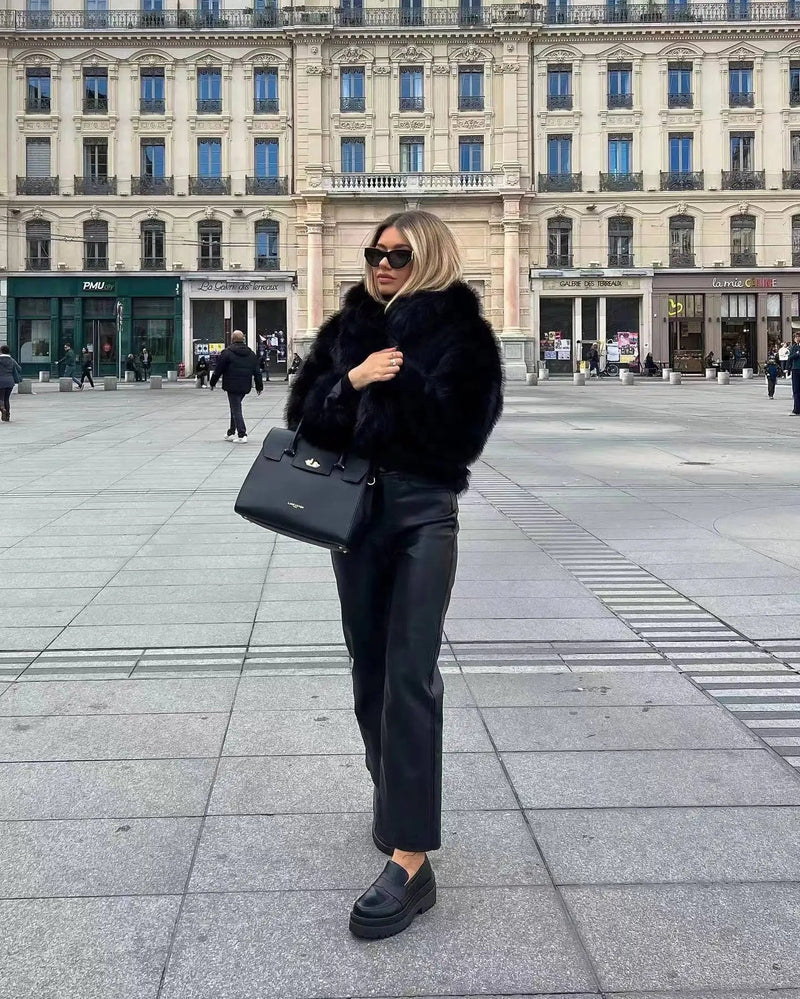 Spring Winter Cropped Faux Open Front Lapel Fluffy Plush Coat