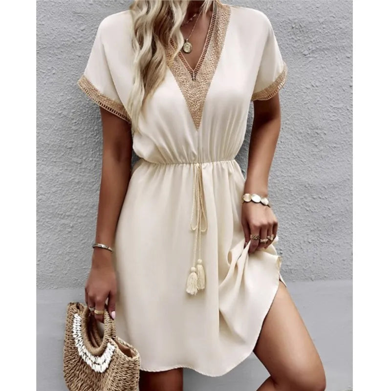 Fresh Sweet Short Lace V-neck Waist Panel Skirt Midi Dresses