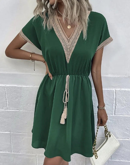 Fresh Sweet Short Lace V-neck Waist Panel Skirt Midi Dresses