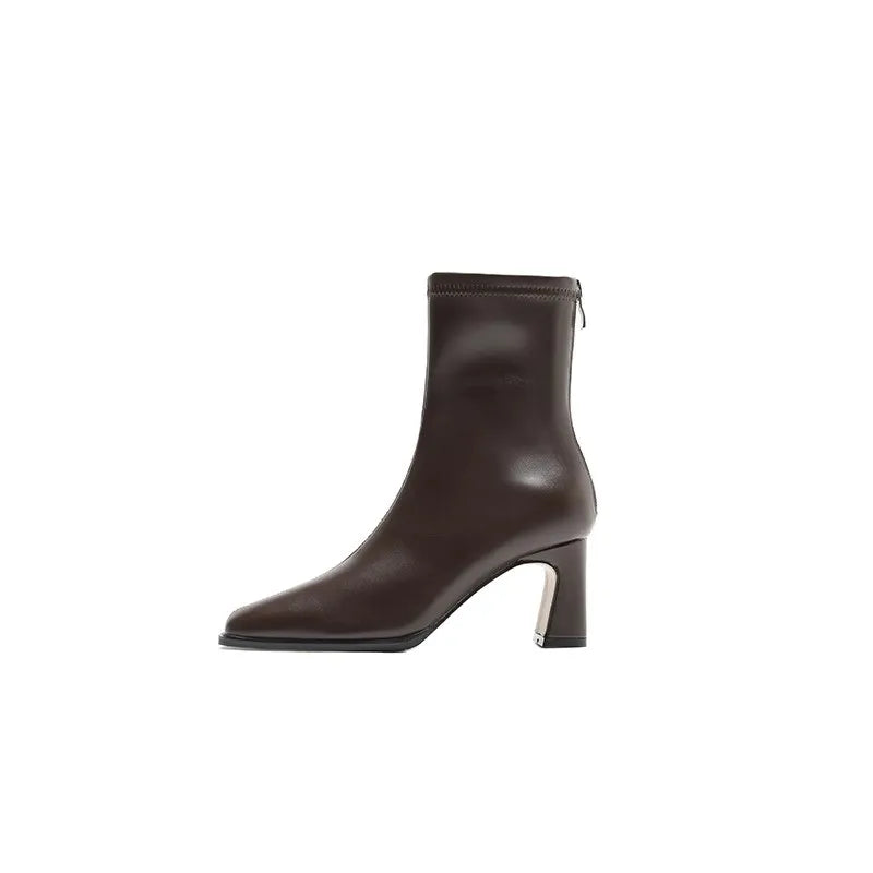 Square Ankle Comfortable Soft Leather High Heel Zipper Ankle Boot