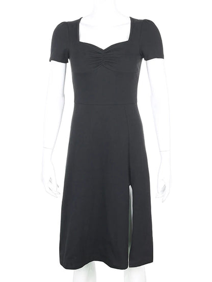 Square Ruched Black Side Split Gothic Sun New Midi Dresses