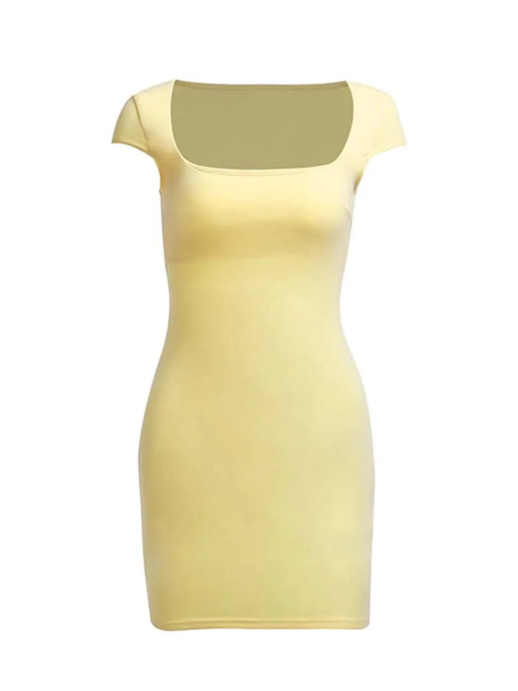 Square Neck Summer Black Short Sleeve Cut Out Mini Clubwear Midi Dresses