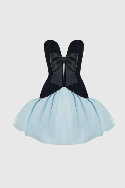 Stanski Strapless Velvet Bow Puffy Satin Mini Dress