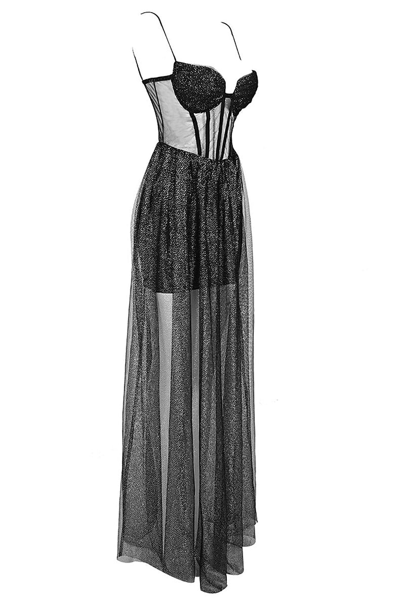 Strappy Draped Rhinestone Tulle Corset Maxi Dress in Black