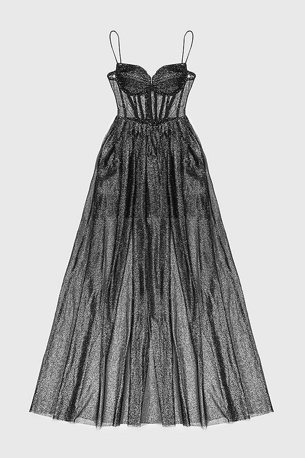 Strappy Draped Rhinestone Tulle Corset Maxi Dress in Black