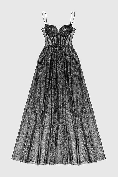 Strappy Draped Rhinestone Tulle Corset Maxi Dress in Black