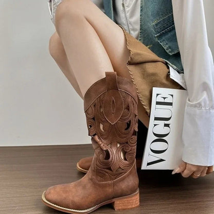 Street Retro Brown Mid Calf Hollow Breathable Western Rider Ankle Boot