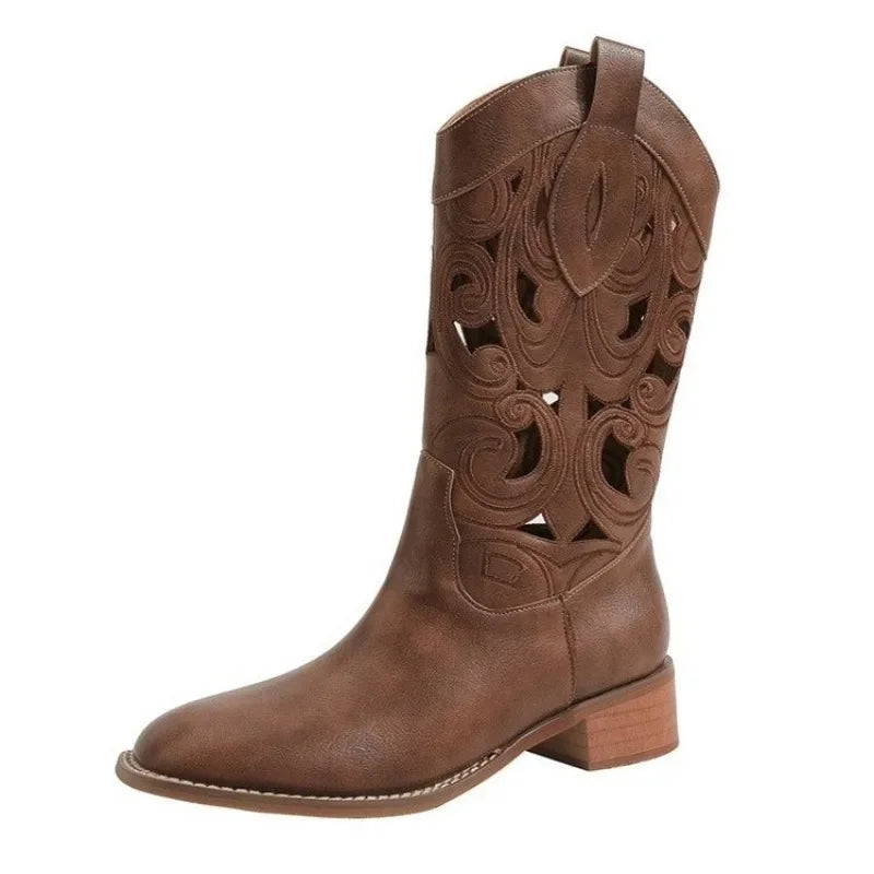 Street Retro Brown Mid Calf Hollow Breathable Western Rider Ankle Boot