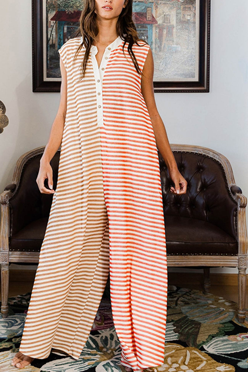 Stripe Oversized Buttoned Front Sleeveless Jumpsuits