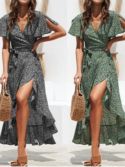Summer Beach Chiffon Ruffles Wrap V-neck Split Robe Femme Midi Dresses