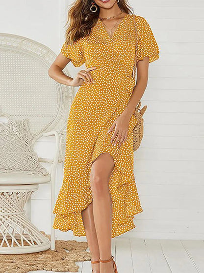 Summer Beach Chiffon Ruffles Wrap V-neck Split Robe Femme Midi Dresses