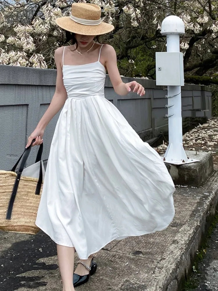 Summer Spaghetti Strap Midi Dress A-line Holiday Beach Style French Korean Slim High Waist Vestido