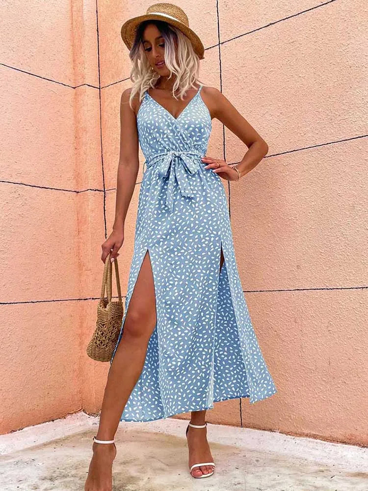 Summer Backless Bandage Slit Beach Sunes Black Sleeveless Midi Dresses