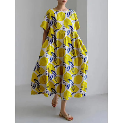 Summer New Color Flower Print Midi Dresses Folds Loose Short Sleeves Dress Lady Commuting Clothing Vestidos