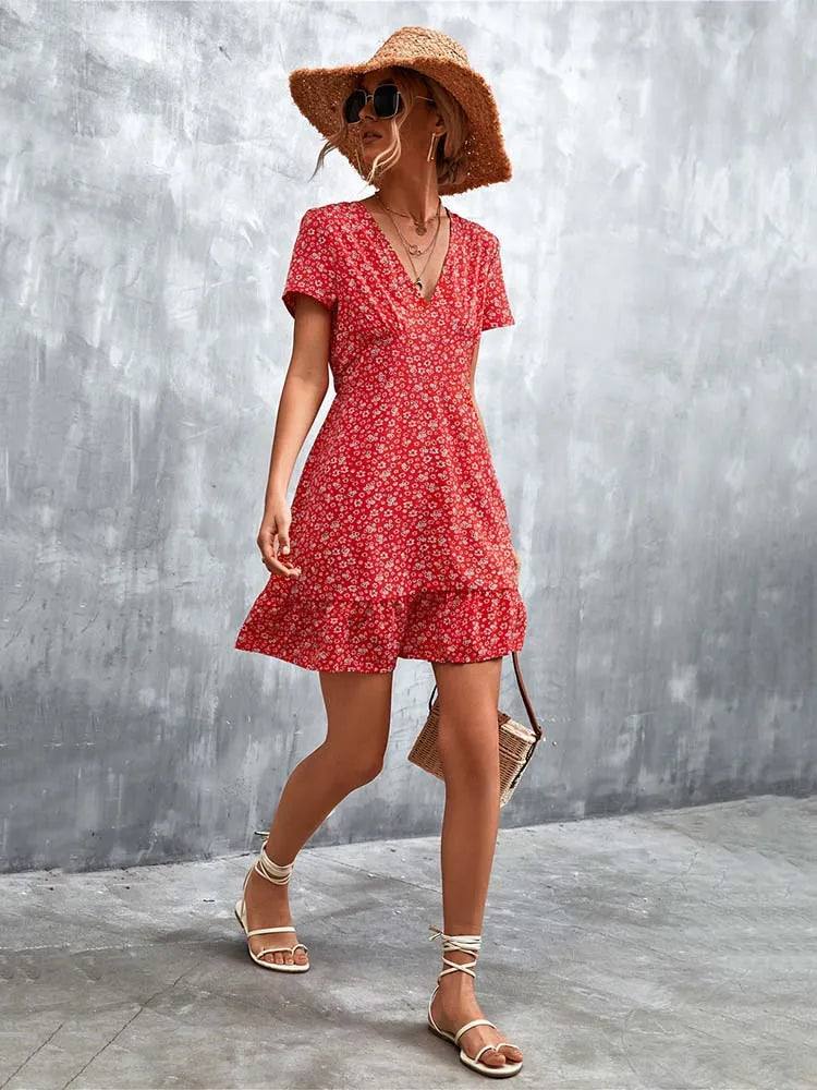 Summer Short V Neck Flower Mini Midi Dresses