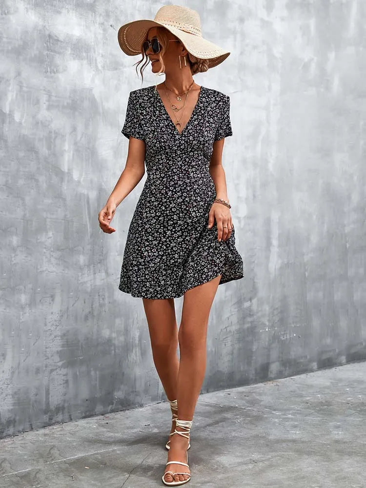 Summer Short V Neck Flower Mini Midi Dresses