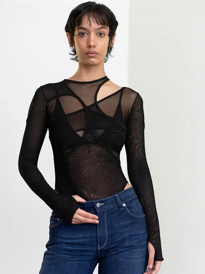 Summer Color Bodysuit See-through Hollow Design Top Jumpsuits Slim Fit for High Street Clubwear Female